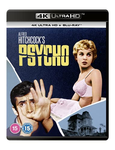 Psycho" Blu-ray cover featuring faces, a house, and film title in bold lettering.