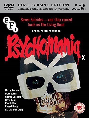 Psychomania Blu-ray cover featuring a skull wearing a helmet and goggles on black background.
