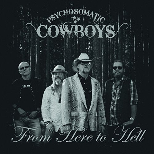 "Album cover featuring four men in cowboy attire against a dark wooden background."