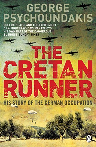 Book cover for The Cretan Runner showing airplanes and parachutes over an olive grove.