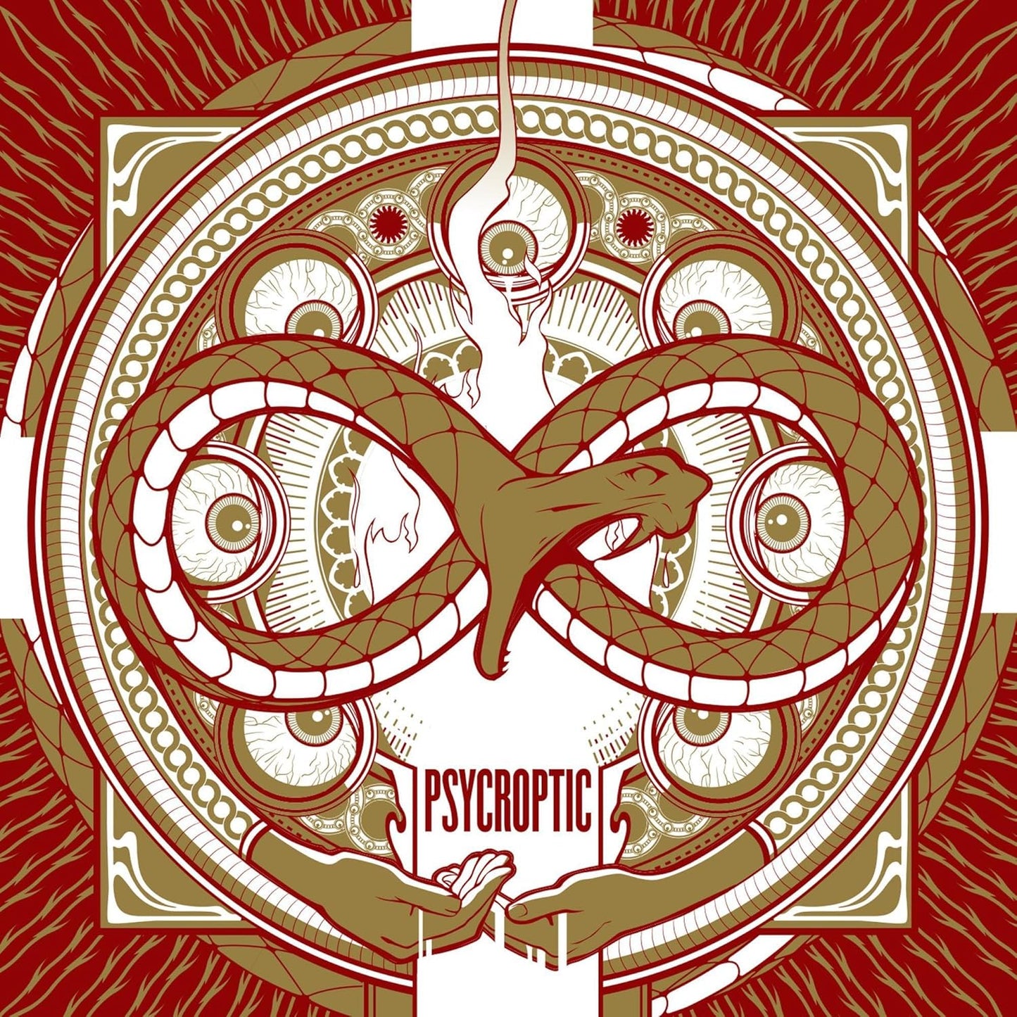 Psycroptic CD cover: intricate design with eyes, hands, and a snake motif.