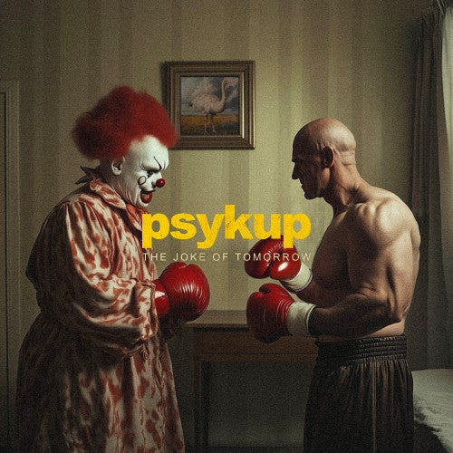Clown and bald man in boxing robes with red gloves face off.