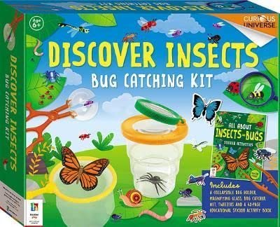 Discover Insects bug catching kit box showing a magnifying container, net, and activity book.