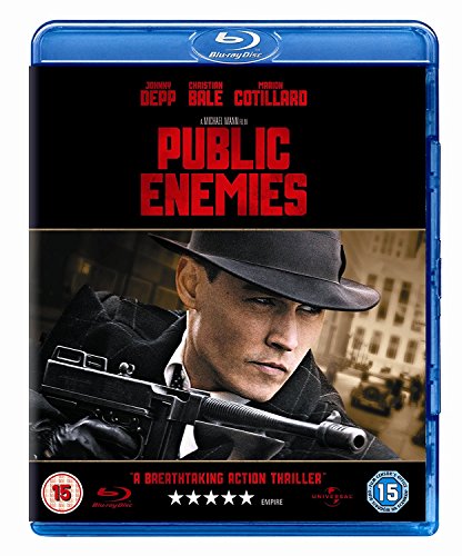 Public Enemies" Blu-ray cover featuring Johnny Depp in a hat with a gun.