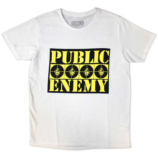 A man wearing a white t-shirt featuring the yellow and black Public Enemy logo.