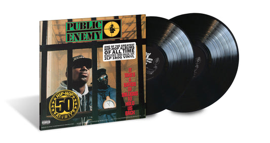 Public Enemy vinyl album cover featuring two men behind bars with two black records.