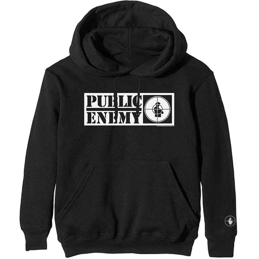 X-large unisex pullover hoodie featuring the Public Enemy crosshairs logo printed on the sleeve.