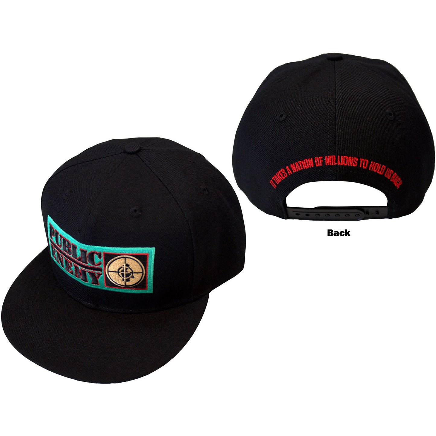 Black snapback cap featuring Public Enemy branding and It Takes A Nation back print.