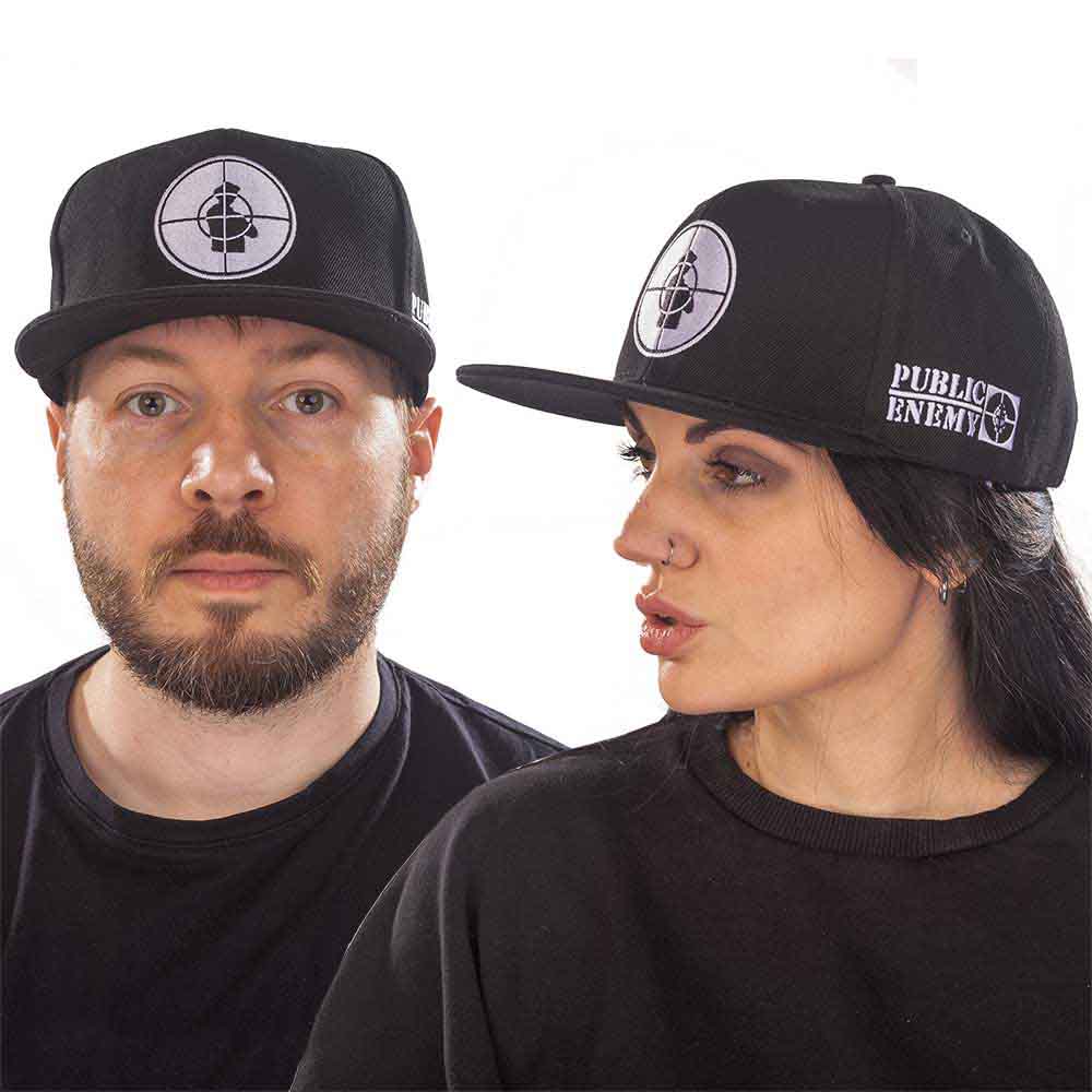 Black unisex snapback cap featuring the white Public Enemy target logo on the front.