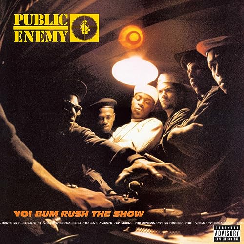 Public Enemy album cover, "Yo! Bum Rush The Show," featuring group members and a turntable.