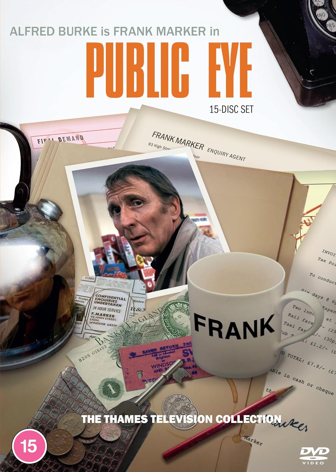 DVD cover art for Public Eye featuring Alfred Burke, paperwork, a mug, and props.