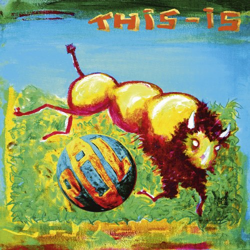 Painted CD cover featuring a bison playing with a striped ball.