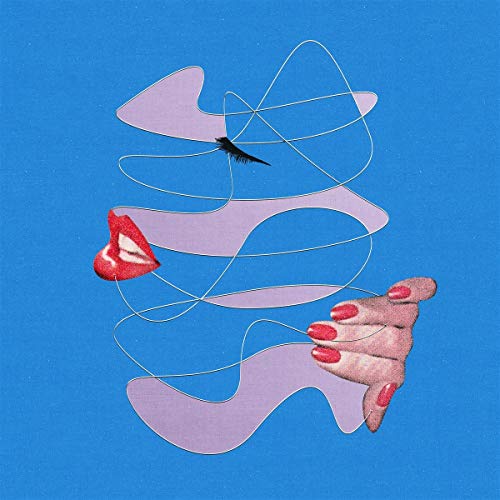 A hand with red nails and lips are tangled in thin strings against a blue background.