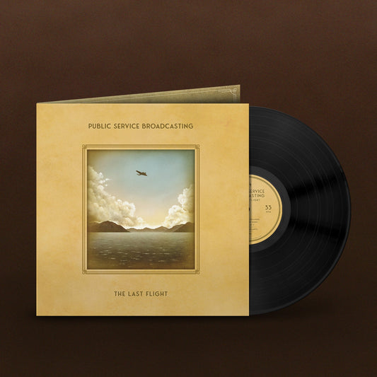 Vinyl record and sleeve for Public Service Broadcasting's The Last Flight against brown background.