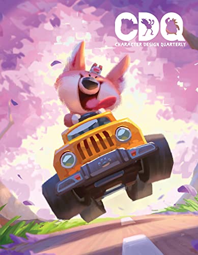 Cartoon dog driving a yellow jeep uphill, magazine cover art.