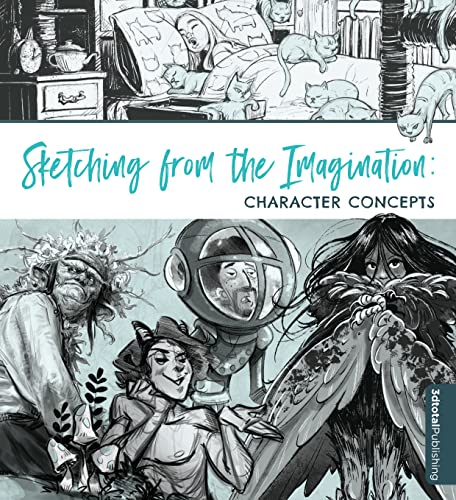 Book cover featuring sketches of various fantasy characters and a person with many cats.