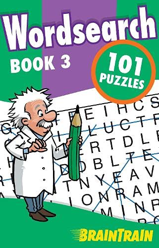 Wordsearch puzzle book cover with scientist pointing to letter grid.