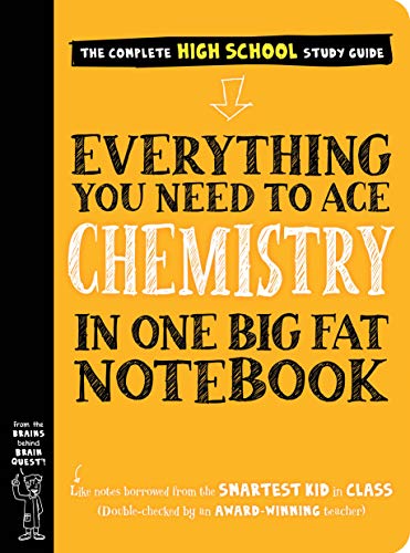 Yellow chemistry study guide notebook with bold black text and small illustrations.