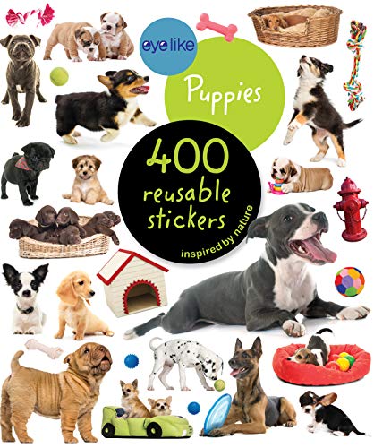 A collage of various puppy stickers, dog toys, and a dog house on white.