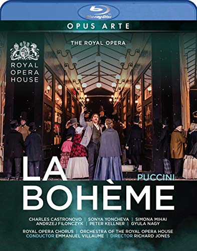 Blue-ray case cover for "La Boheme" with opera scene and cast names.