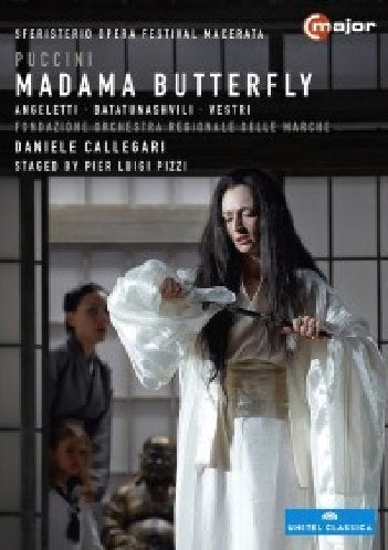 "DVD cover featuring a woman in white kimono, holding robe, with men in background."