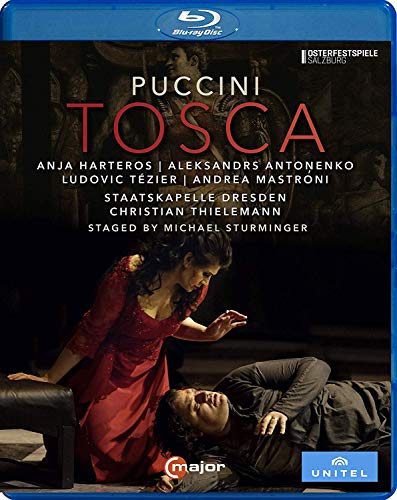 Blu-ray cover for Puccini’s *Tosca* opera featuring a dramatic scene.