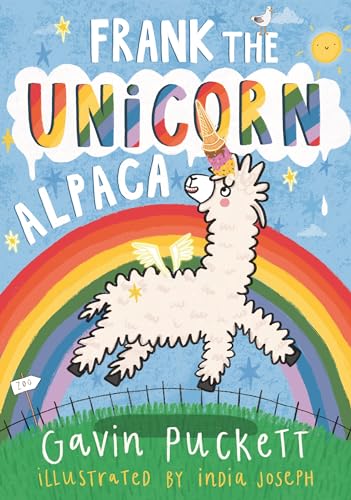 White alpaca with a unicorn horn jumping over a rainbow.