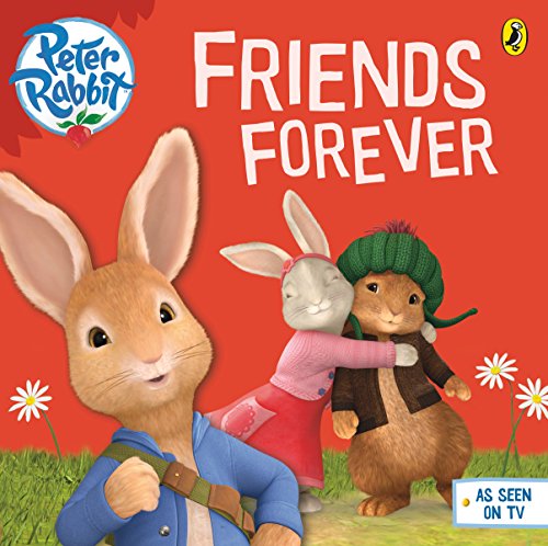 Peter Rabbit and friends embrace on a red background.