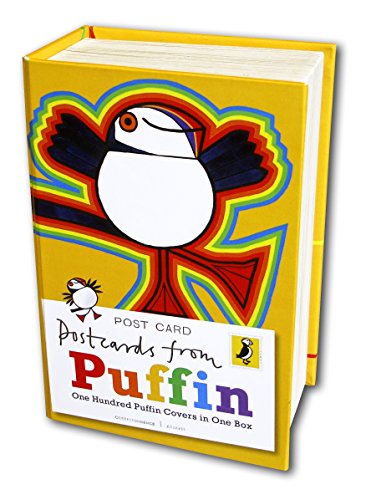 A yellow box with a stylized puffin and multicolored text reading "Postcards from Puffin".