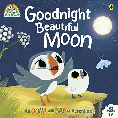 "Children's book cover featuring cartoon puffins on a cliff under a full moon."