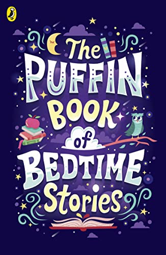 Book cover with colorful lettering, an apple, owl, and starry night sky.
