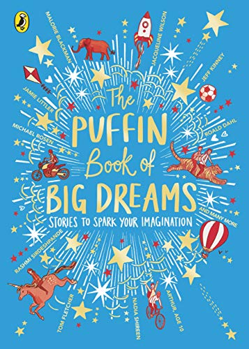 Bright blue book cover with illustrations of dreams and famous authors.