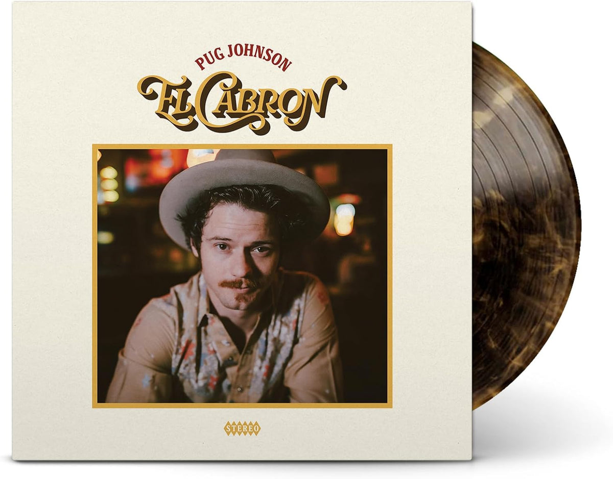 Vinyl record cover featuring a man in a hat with a marbled brown disc.