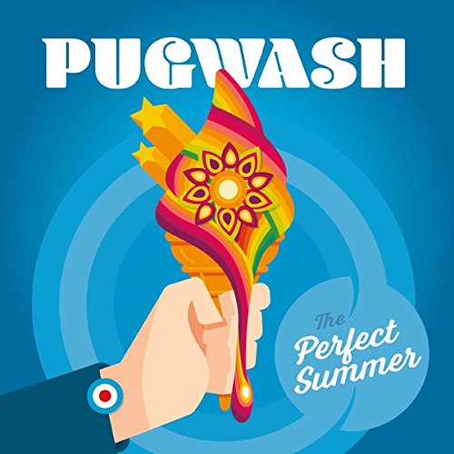 Record cover with hand holding colorful pinwheel against blue concentric circles.