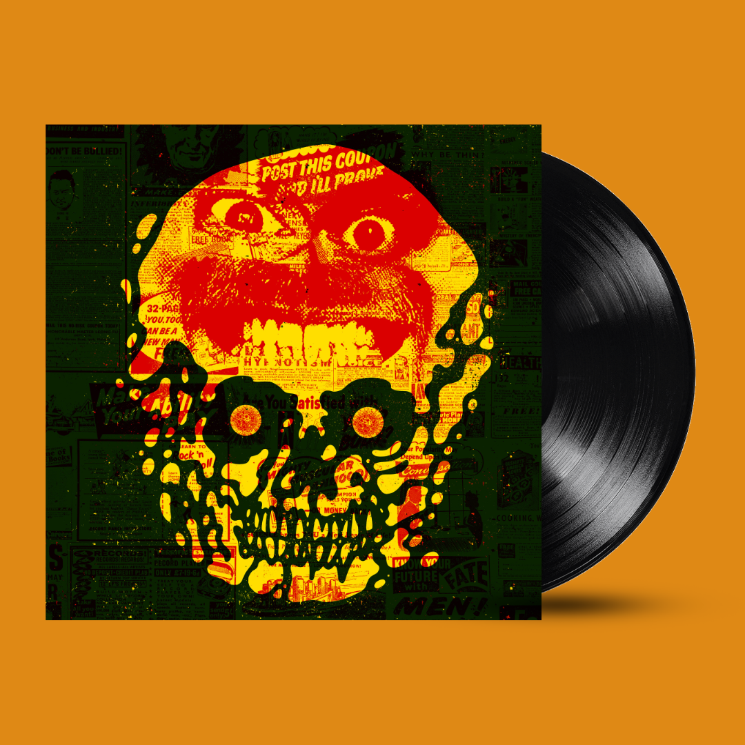 Vinyl record with album art depicting a distorted, colorful skull.