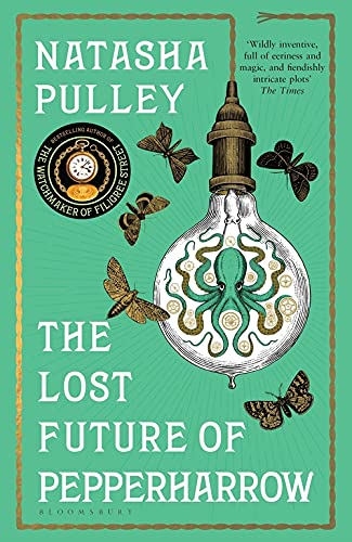 Book cover with a lightbulb containing a green octopus, surrounded by moths on teal.