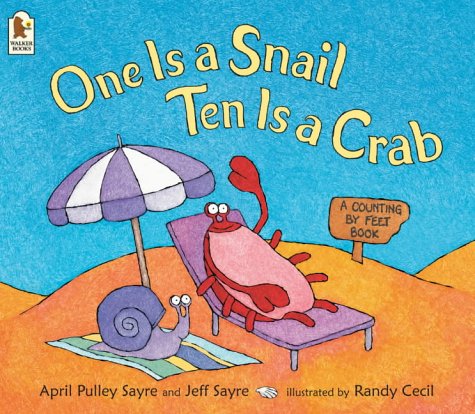 Children's book cover with a snail and crab relaxing on a beach.