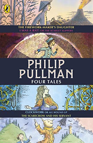 Book cover: "Four Tales" by Philip Pullman, illustrated with fantasy scenes.