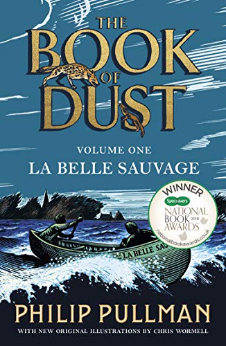 "Book cover of 'La Belle Sauvage' with gold title and illustration of a river scene."