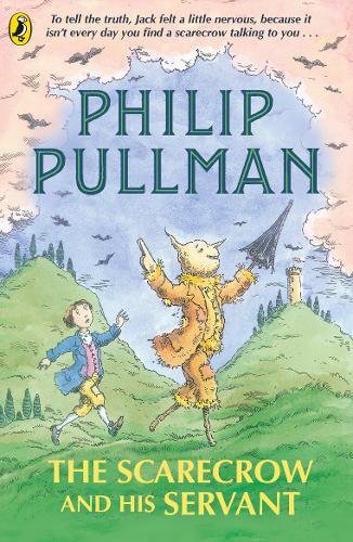 "Book cover featuring a scarecrow and a boy running together in a green landscape."