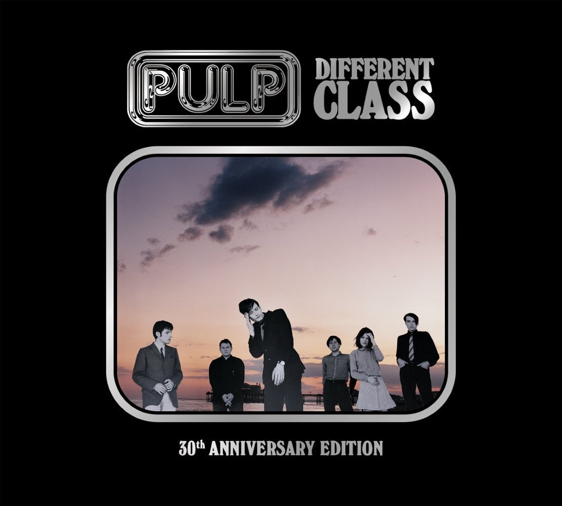 Pulp’s “Different Class” CD cover: band in suits against a sunset sky.