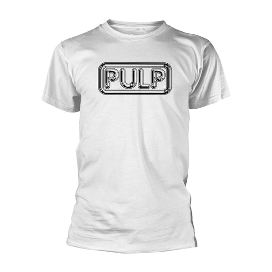 White t-shirt with black and silver "PULP" logo on the chest.