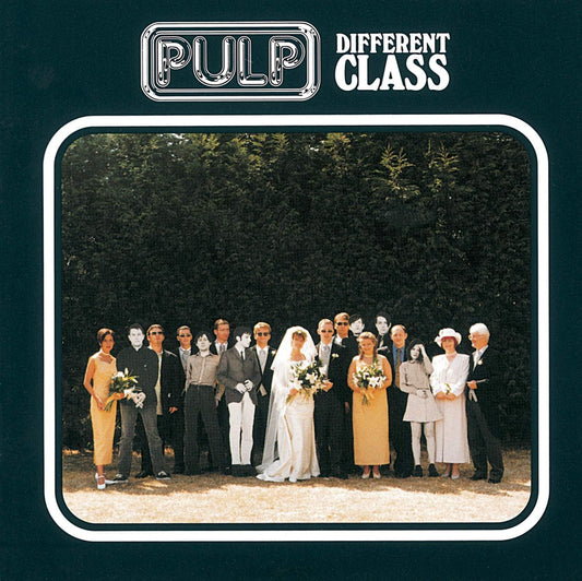 Pulp’s “Different Class” album cover: wedding party in front of trees.
