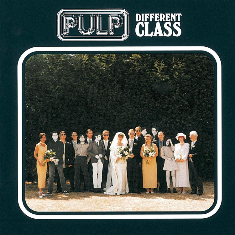 Pulp’s “Different Class” album cover: wedding party in front of trees.