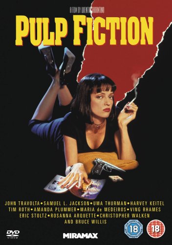 Pulp Fiction DVD cover featuring Uma Thurman smoking and a handgun.