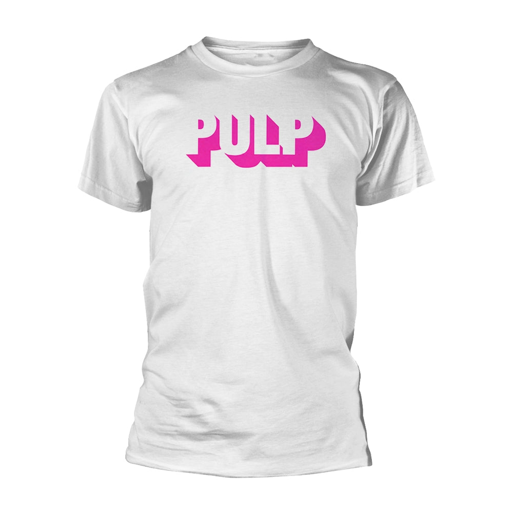 White t-shirt with a pink, wavy "PULP" logo centered on the chest.