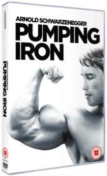 "Pumping Iron" DVD cover featuring Arnold Schwarzenegger flexing his bicep in black and white.