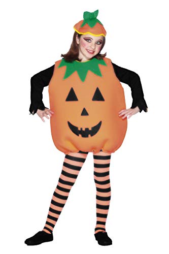 Woman wearing orange pumpkin costume with black face, striped tights, and matching hat.