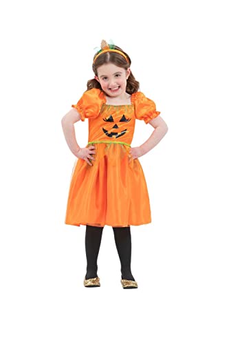 Young girl wearing an orange pumpkin-shaped Halloween costume with a headband.