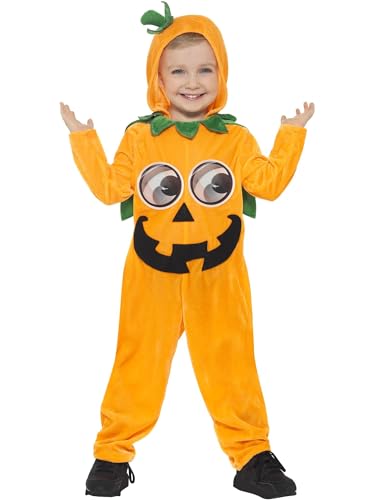 Toddler in an orange pumpkin costume with a green stem and face.
